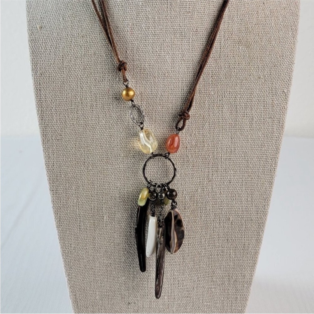 Silpada  Multi Gem Charm Pendant Leather Cord Necklace 24" Sterling Silver